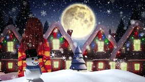 Animation of snowman, girl waving and santa claus in sleigh with reindeer over winter landscape. christmas, tradition and celebration concept digitally generated video.