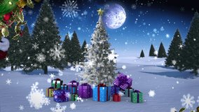 Animation of snow and santa claus with sack of presents over christmas tree and winter landscape. christmas, tradition and celebration concept digitally generated video.
