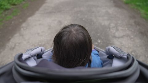 Walking with child in a baby carriage with a flower. POV video footage. 50P, 10 bit, 422