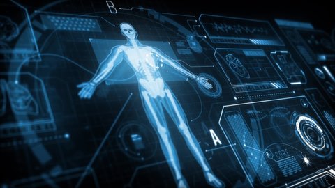 Futuristic HUD interface around human body in the center. Motion graphics dynamically reveal digital data, body muscles and skeleton.The animation is placed closely to the viewer with depth of field.