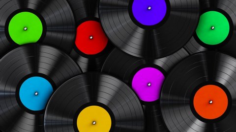 Realistic seamless looping 3D animation of the colorful label vinyl records rendered in UHD as motion background