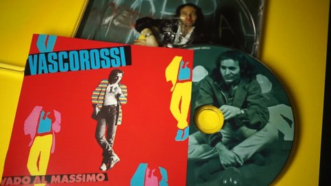 Rome, Italy - September 01, 2021, detail of the cd and cover of Vado al massimo, fifth album by the Italian singer-songwriter Vasco Rossi, released in 1982.