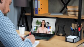Woman tutor in computer screen talk teaches student remote webinar course lesson, distance education. Man at home office study online video call webcam chat laptop listen teacher, writes in notebook