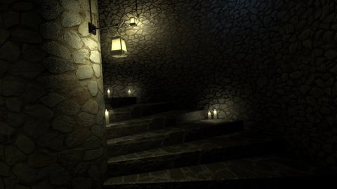 Medieval spiral staircase with candles at night. 3d rendering. Seamless loop.
