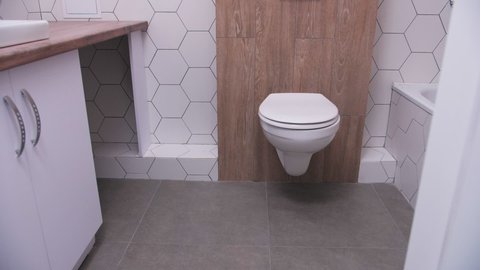 built-in toilet in the bathroom, hexagonal ceramic tiles