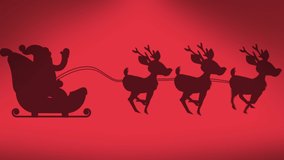 Animation of santa claus in sleigh with reindeer over red background. christmas, tradition and celebration concept digitally generated video.