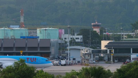 PHUKET, THAILAND - DECEMBER 1, 2018: TUI fly Boeing 787 Dreamliner taxiing after landing at Phuket International airport (HKT). Passenger plane arriving and taxiing to the terminal