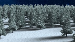 Animation of fir trees, snow falling over winter landscape. christmas, tradition and celebration concept digitally generated video.