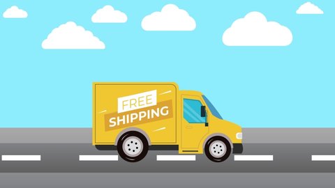 Free delivery services concept 4K animation. Delivery truck Animated video. Free shipping 4K animation. Free shipping service 4K animation video. Cartoon running yellow delivery truck design.