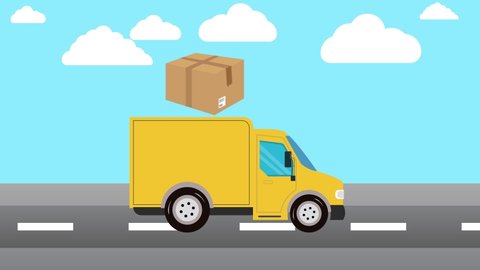 Free shipping service 4K animation video. Cartoon running yellow delivery truck design. Free delivery services concept 4K animated. Delivery truck and box Animated video. Free shipping 4K animation.