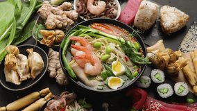 Japanese food. Asian cuisine. Top view, rotate, video