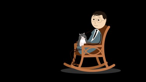 a man sits in a rocking chair stroking a cat and dreams, cartoon. animation with alpha channel.