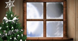 Animation of santa claus in sleigh with reindeer seen through window and christmas tree. christmas, tradition and celebration concept digitally generated video.