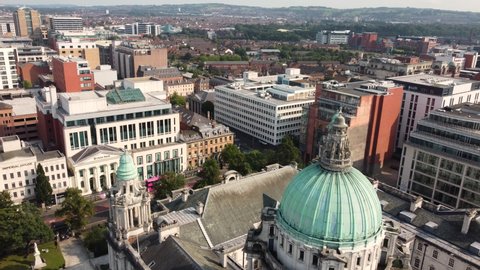 Aerial video of Belfast City Hall in Co Antrim Northern Ireland 08-08-21
