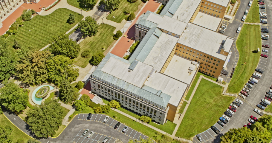 Frankfort Kentucky Aerial cinematic pull out reveal from the State Capitol Annex over the Statehouse and surrounding landscape - 6k footage - August 2020