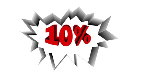 10 percent discount, animation of 10% product on offer, banner with white background and red text in 3d