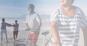 Composite of happy diverse senior couple walking with bikes,and dancing on beach. healthy retirement, fitness, fun and wellbeing concept digitally generated video.