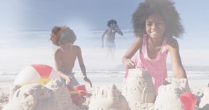 Composite of happy african american brother and sister making sandcastles, and running in sea. holidays, childhood and summer concept digitally generated video.