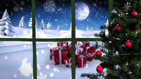 Animation of winter landscape and gifts seen through window. christmas, tradition and celebration concept digitally generated video.