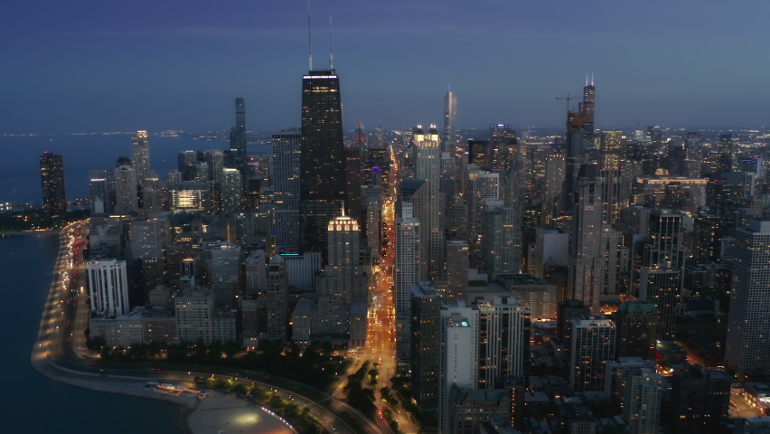 Sunset scene. City landscape. Business city. Business travel. Colorful sunset. Colored sky. Dusk skyline. Sunset city skyline 4K. Cityscape skyline. Aerial view of sunset skyline Chicago city, USA Royalty-Free Stock Footage #1078653299