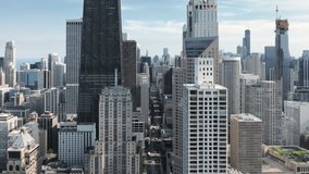 Contemporary urban cityscape view, drone b roll 4K footage. Cinematic glass concrete design business offices buildings in the center of the city. Modern downtown Chicago architecture, summer aerial