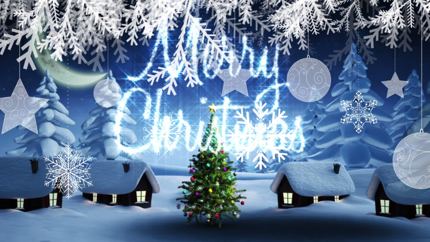 Animation of christmas decoration over winter landscape. christmas, tradition and celebration concept digitally generated video.