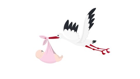 Stork with a child. Animation of a flying stork with a baby, the alpha channel is turned on. Cartoon