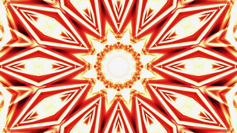 Abstract retro composition with iridescent yellow orange gradient fractal ornament on bright red yellow background. Kaleidoscope mandala seamless background. 4K seamless loop motion with fractal desig