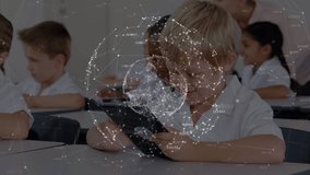 Animation of globe with network of connections over schoolboy using tablet. global education, connections, technology and data processing concept digitally generated video.