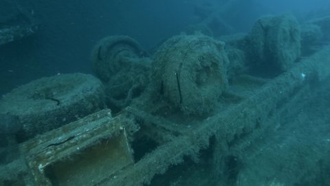 Close up of truck on the shipwreck Swedish ferry MS Zenobia. Wreck diving. Mediterranean sea, Cyprus