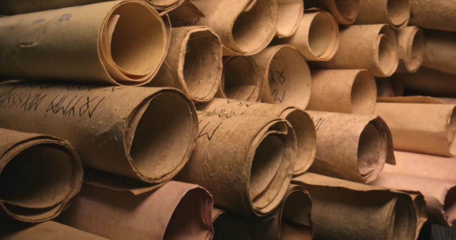 Medieval manuscripts library. Old scrolls stacked on a pile. View from inside. Royalty-Free Stock Footage #1078664135