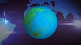 Animation of globe over world map and heart rate data processing. global business, finances and digital interface concept digitally generated video. - Powered by Shutterstock - Get 15% off with code: PIKWIZARD15