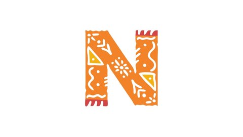 Letter N. Ethnic ornament, national pattern in letter. 3 colors. 4K video. Isolated on white background. Cartoon Animation. Capital Letter N for education, erudition, ABC, software, interface game.