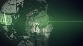 Animation of globe formed with american dollar banknotes and heart rate data processing. global business, finances and digital interface concept digitally generated video. - Powered by Shutterstock - Get 15% off with code: PIKWIZARD15