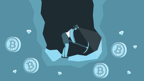 Flat woman miner working with mining pickaxe in mine with bitcoin coins. Flat Design Cartoon Character Isolated Loop 2d Animation