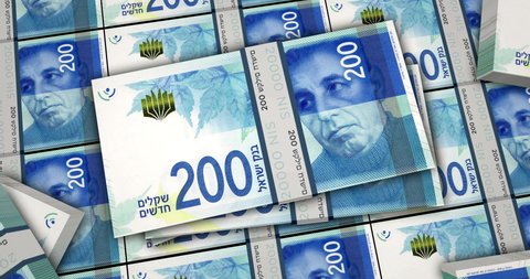 Israeli shekel banknotes 3d animation. Camera view from close to long distance. NIS money packs. Concept of inflation, economy, crisis, business, banking, debt and finance in Israel.
