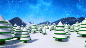Animation of snow falling over fir trees covered in snow and winter landscape background. christmas, winter, tradition and celebration concept digitally generated video.