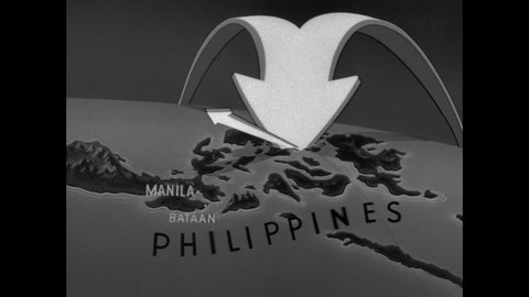 1940s: Animated map of Guadalcanal, arrows travel over map. Map of islands in South Pacific, arrows travel over map, zoom in on Philippines.