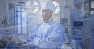 Composite of portrait of smiling male surgeon, and surgeons preparing for operating theatre. medical services, healthcare and hygiene concept digitally generated video.