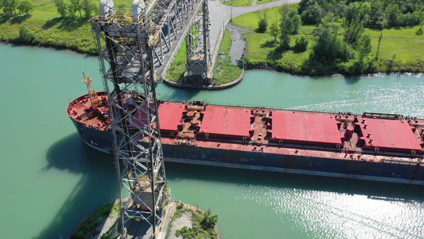 Aerial of a Lake Freighter travelling in the Welland Canal, Canada 4K