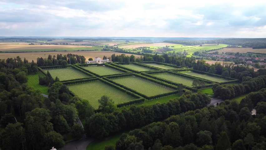 ROMAGNES-SOUS-MONTFAUCON, FRANCE - 18 AUGUST 2017: Rows of white marble headstones in Meuse-Argonne WW1 American Military cemetery, Meuse, France