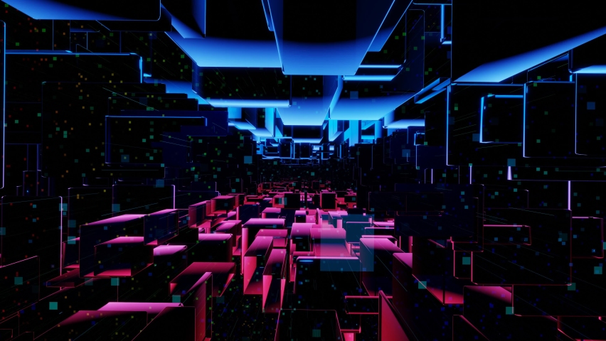 Futurictic technology concept. Dark sci fi looped background. Flight through hi tech digital space or in glass metal tunnel with neon light, blocks. Hi-tech information flow in blockchain or bigdata. - Powered by Shutterstock - Get 15% off with code: PIKWIZARD15