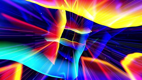 Motion graphic, camera fly in art space, multilayer structure with pattern, glow particles and lines. Ornamental texture rainbow gradient color. Motion design vj loop. Abstract colorful bg. Modern Art
