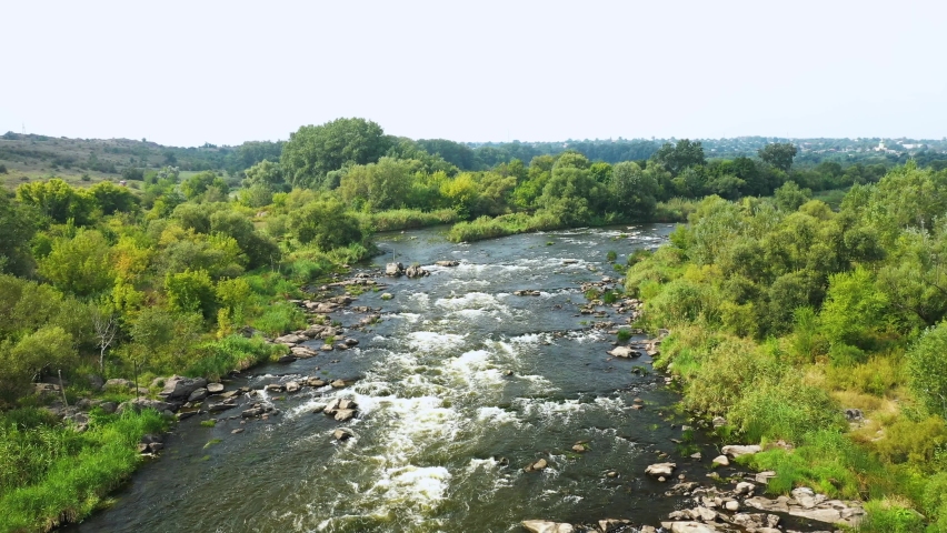 Landscape of the river and granite rocks aerial view. Nature Reserve Migeya