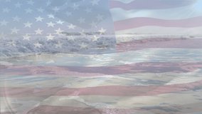 Animation of flag of usa blowing over beach landscape. travel, holidays, patriotism and celebration concept digitally generated video.