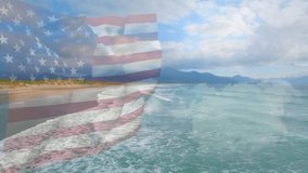 Animation of flag of usa blowing over beach landscape. travel, holidays, patriotism and celebration concept digitally generated video.
