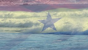 Animation of flag of ghana blowing over waves in sea. travel, holidays, patriotism and celebration concept digitally generated video.