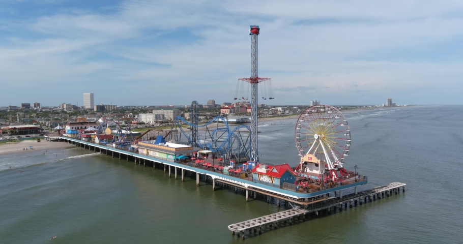 Aerial view of Pier off the coastal area of Galveston Island Texas