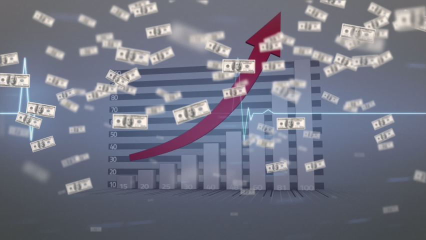 Animation of dollar bills rising over graph with red arrow and heart rate monitor, on grey. global economy, digital interface and financial data concept digitally generated video. - Powered by Shutterstock - Get 15% off with code: PIKWIZARD15