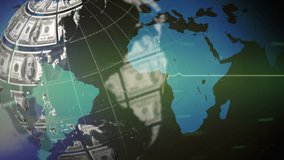 Animation of dollar globe rotating over graph, heart rate monitor and world map, on green background. global economy, business and financial data concept digitally generated video. - Powered by Shutterstock - Get 15% off with code: PIKWIZARD15